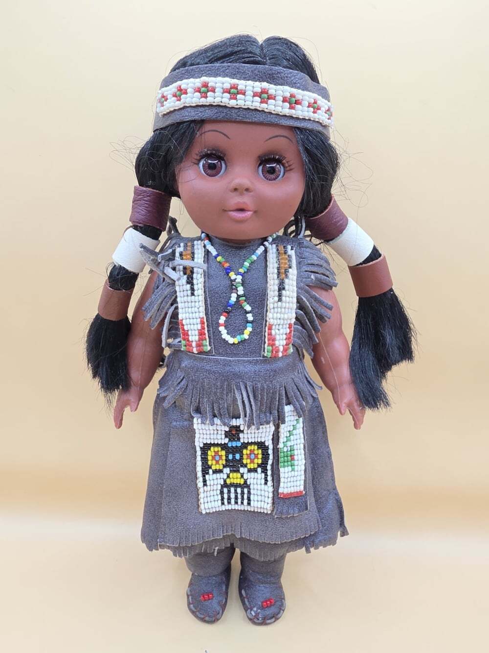 Vintage Carlson Native American Indian Doll 10" Bow Huntress Beads Leather